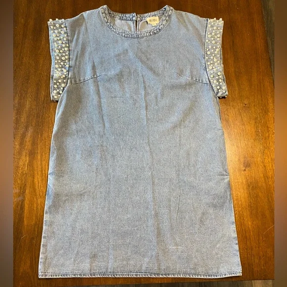 BiBi | Dresses | Bibi Denim Dress With Pearl Accents On Cap Sleeve Womens  Large | Poshmark